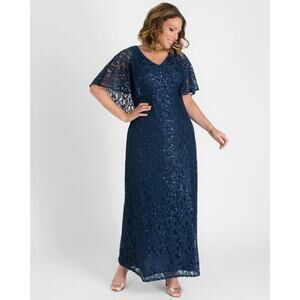 Kiyonna Dress 1X Maxi Celestial Cape Sleeve Gown Style Lined Sequins Blue Gala